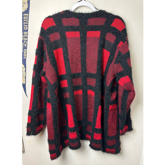 Lane Bryant Women's Open Front Black Red Plaid Eyelash Cardigan 14/16 - Picture 8 of 8